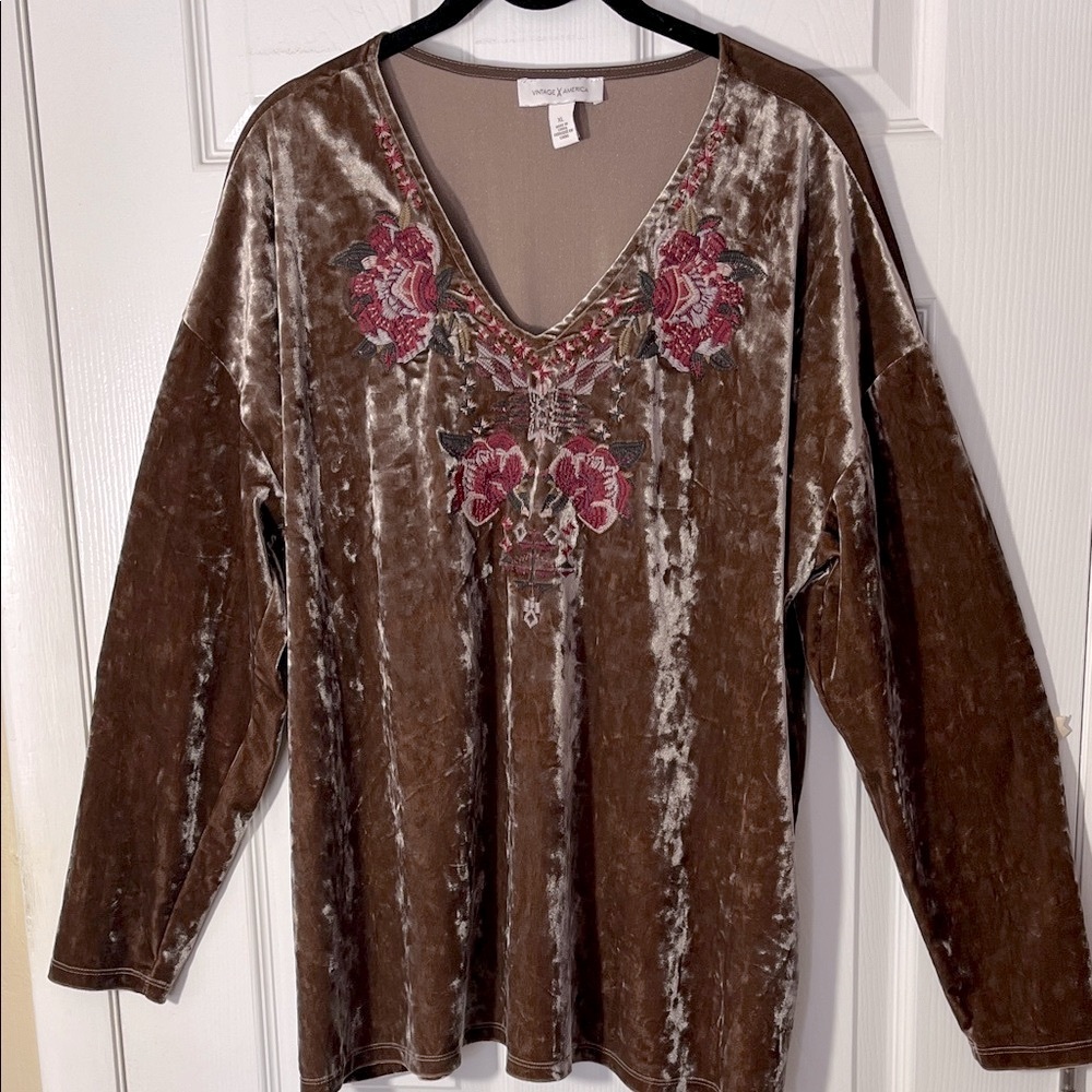 Vintage America boho velvet pullover top floral embroidered brown long sleeve XL